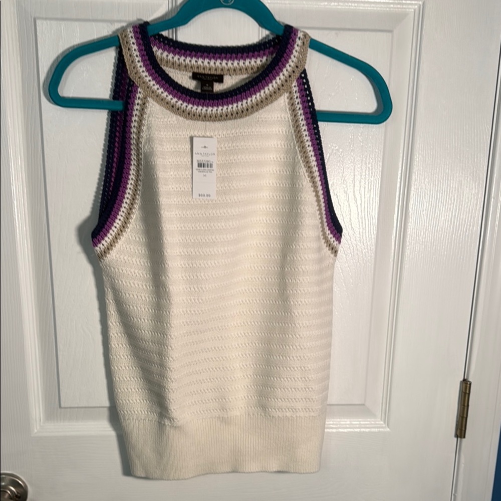 Ann Taylor Ribbed White and Purple Sleeveless Tank Top